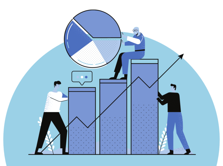 Graphic of people holding up columns and pie chart