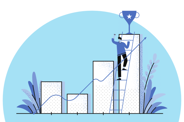 Graphic of man climbing ladder to trophy