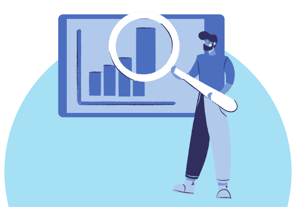 STRIVE graphic of man holding magnifying glass over chart