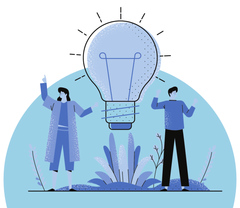 Graphic of man and women beside lightbulb