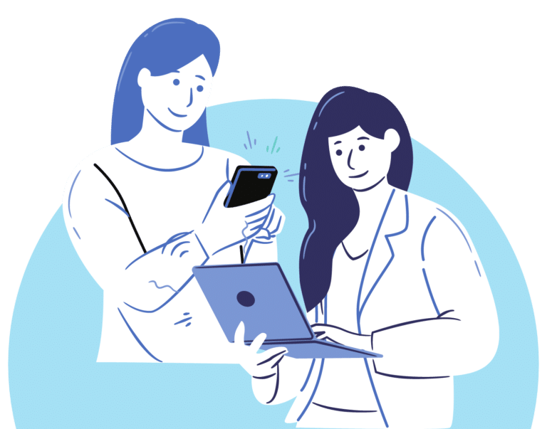 Graphic of two women holding a phone and a laptop