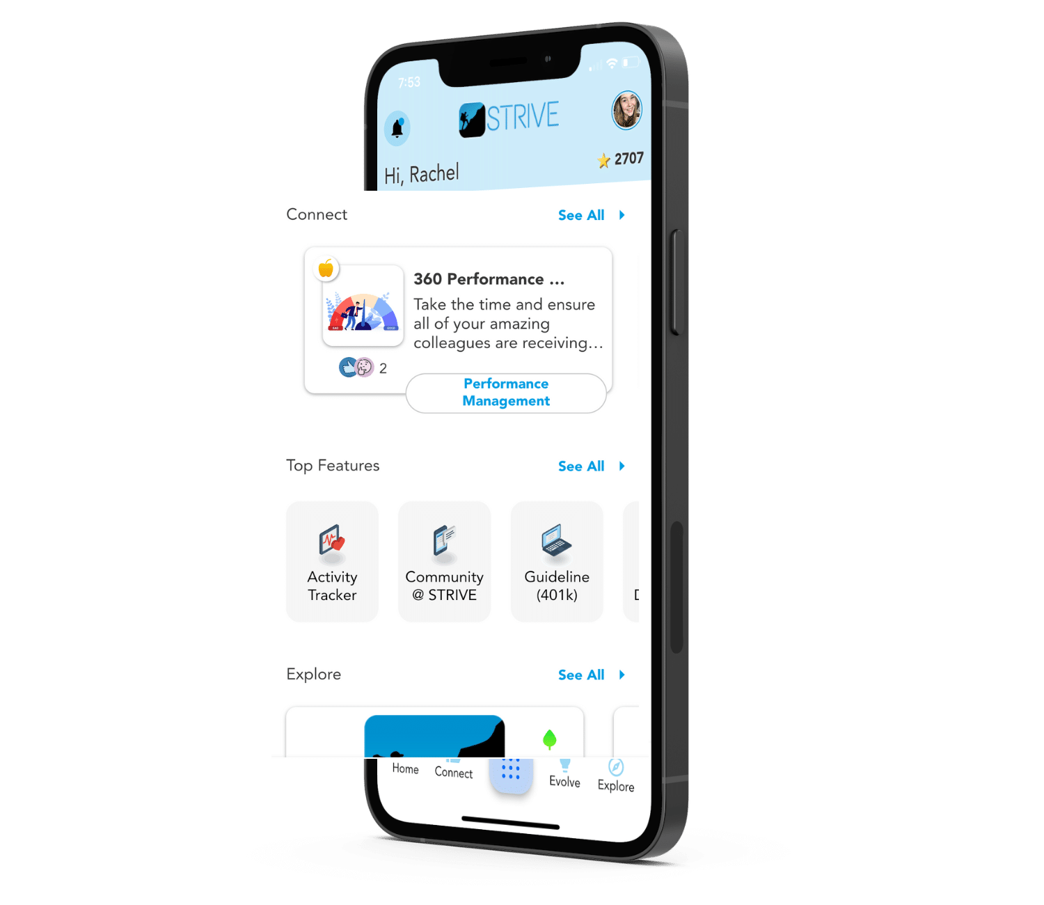 Phone showcasing STRIVE's connect section and features