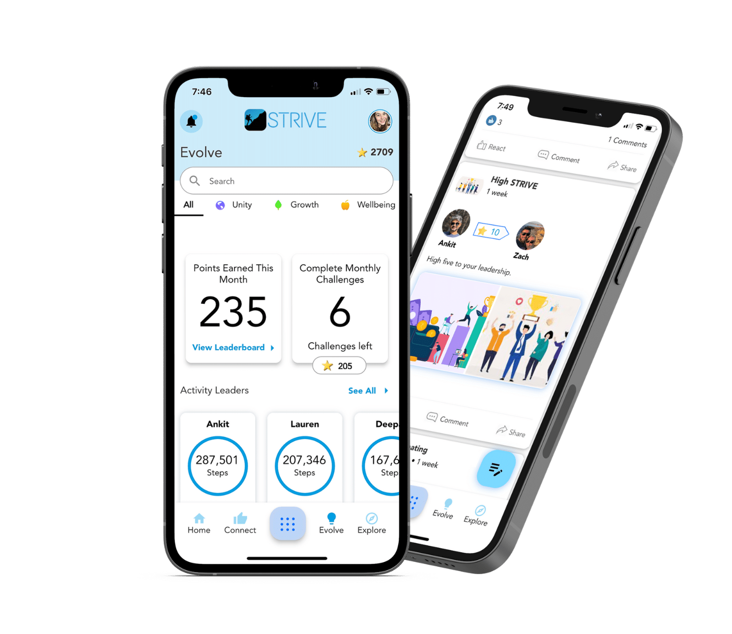 Two phones showcasing STRIVE's gamification features