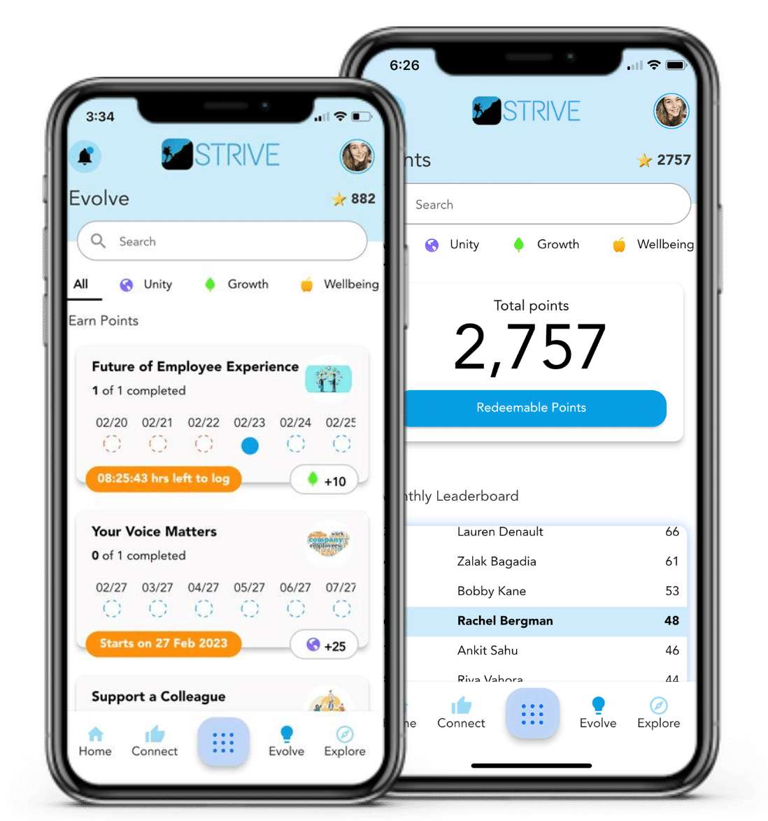 Phone showcasing the STRIVE app and features