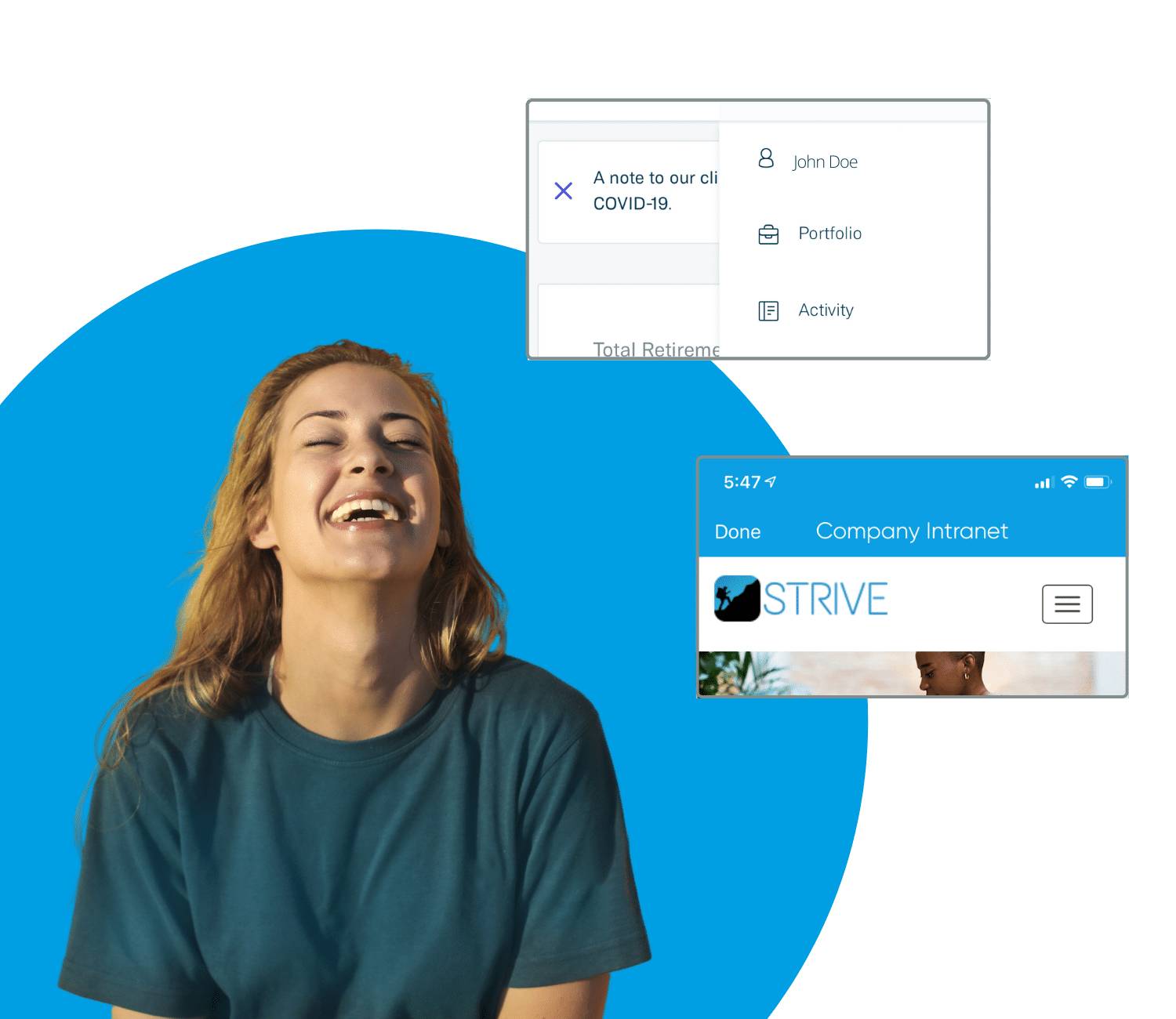 Woman in blue shirt laughing next to screenshots from Strive platform